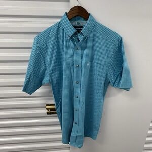 Ariat Pro Series Stretch Shirt Mens Small Turquoise Plaid Western Button Up